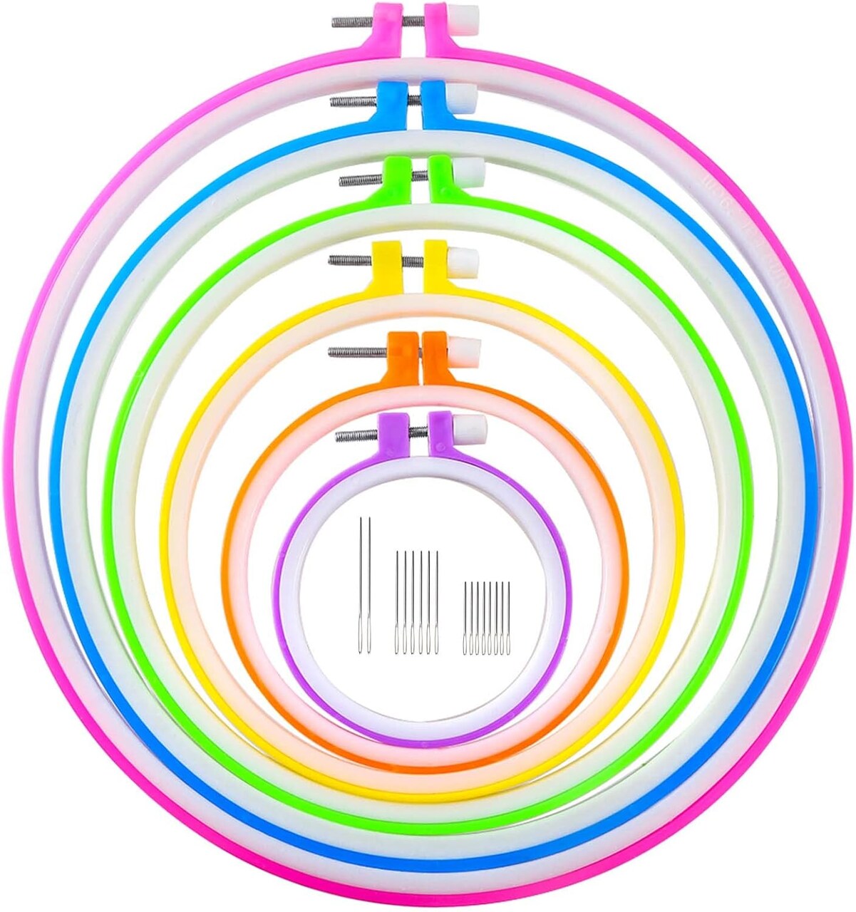 6 Pieces Embroidery Hoops and 15 Needles, Set, 3.4 inch to 10.4 inch (Multicolor)